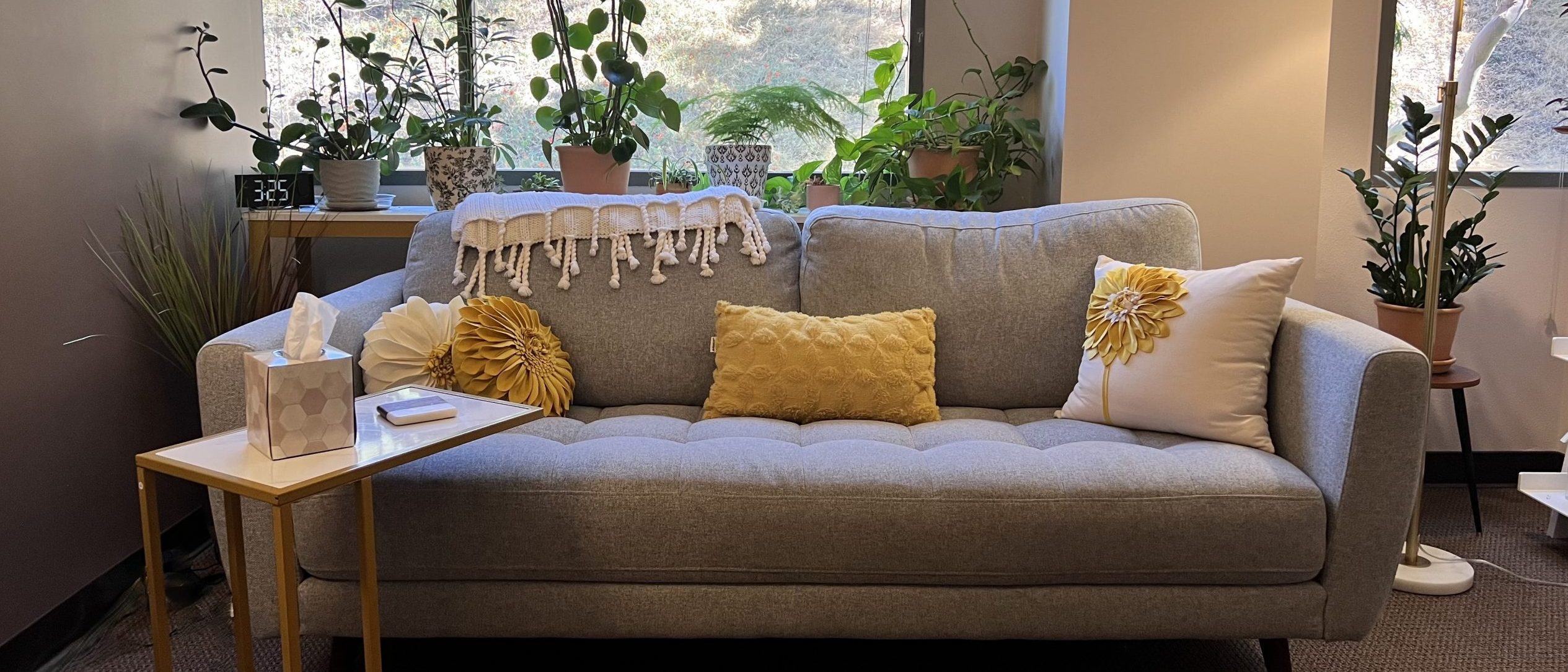Warm, cozy therapy office at Dani Sowa Therapy in San Diego — grey tufted sofa with golden pillows, surrounded by plants